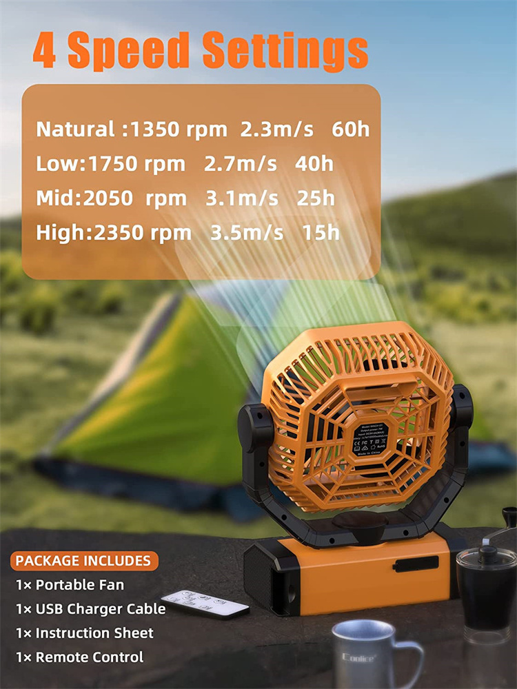 Portable 20000mAh USB Rechargeable Battery Powered Outdoor Shaking Head Camping Fan with Light & Hook for Tent