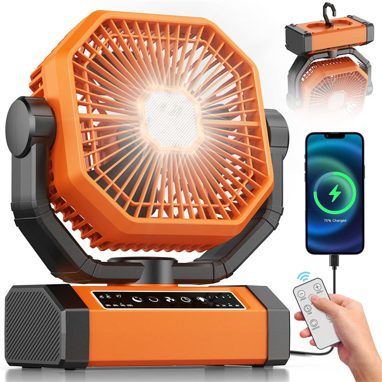 Portable 20000mAh USB Rechargeable Battery Powered Outdoor Shaking Head Camping Fan with Light & Hook for Tent