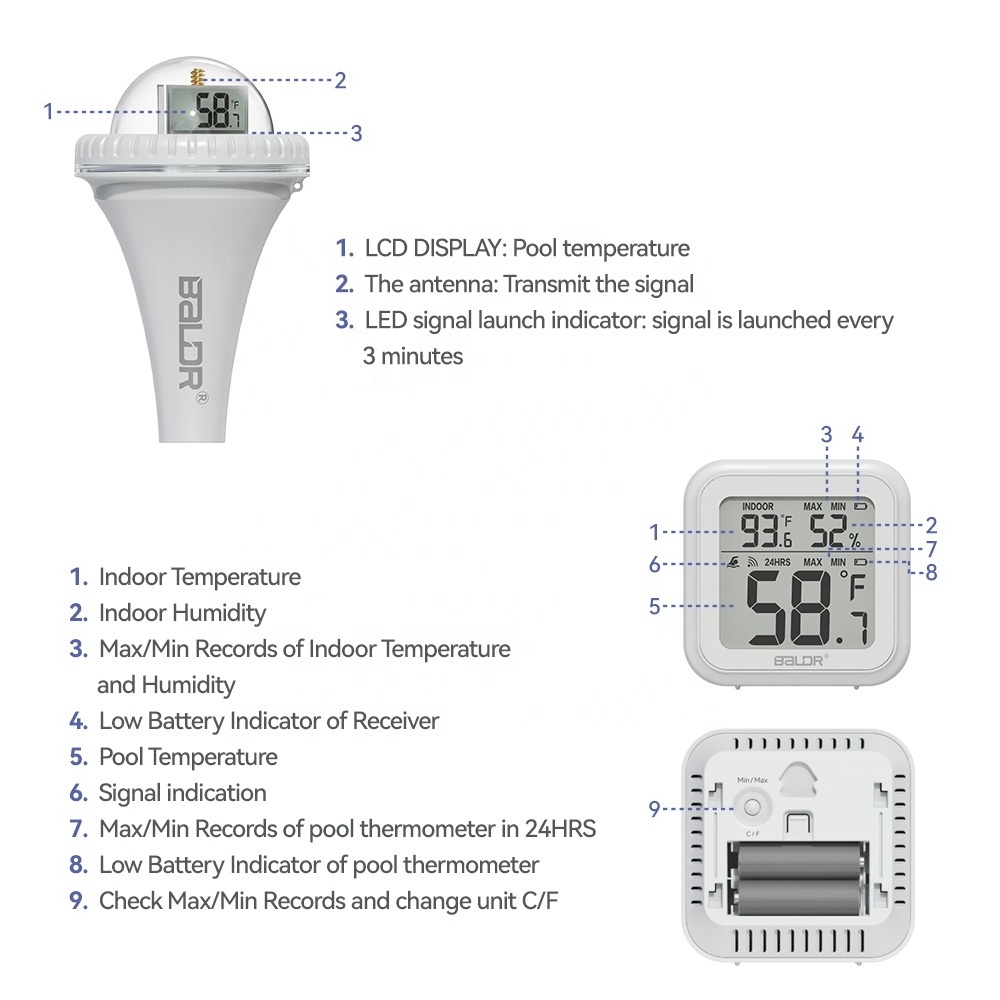 BALDR Digital Pool Thermometer Water Temperature Monitor Swimming Pool Indoor Thermometer Hygrometer Water Sensor