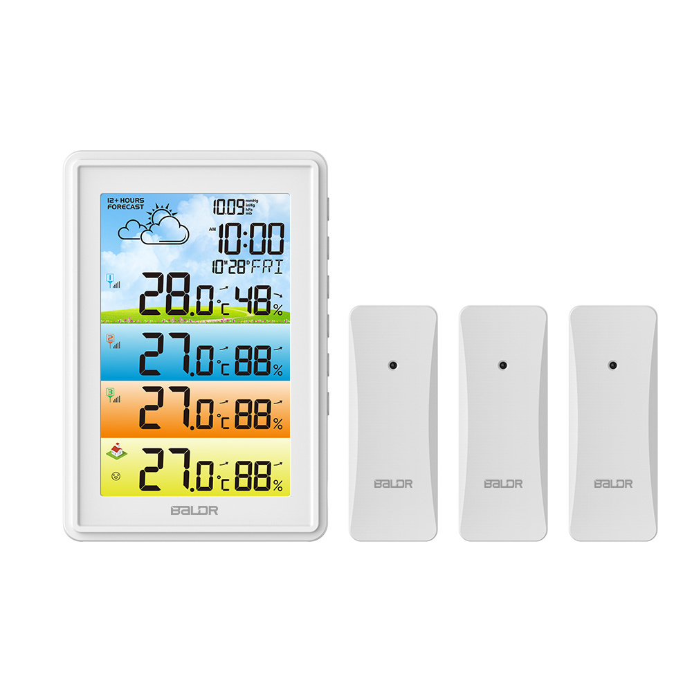 BALDR Wireless Color Weather Station Large Display 3 Sensor Temperature and Humidity Weather Forecast Indoor Outdoor RCC Radio