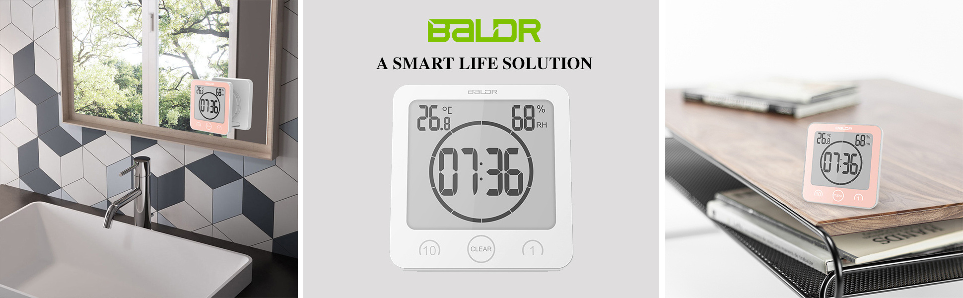 BALDR B0007 Waterproof  Bathroom Clock with Timer Suction Cups Wall Clock Hygrometer Thermometer Mounted Countdown Shower Clock