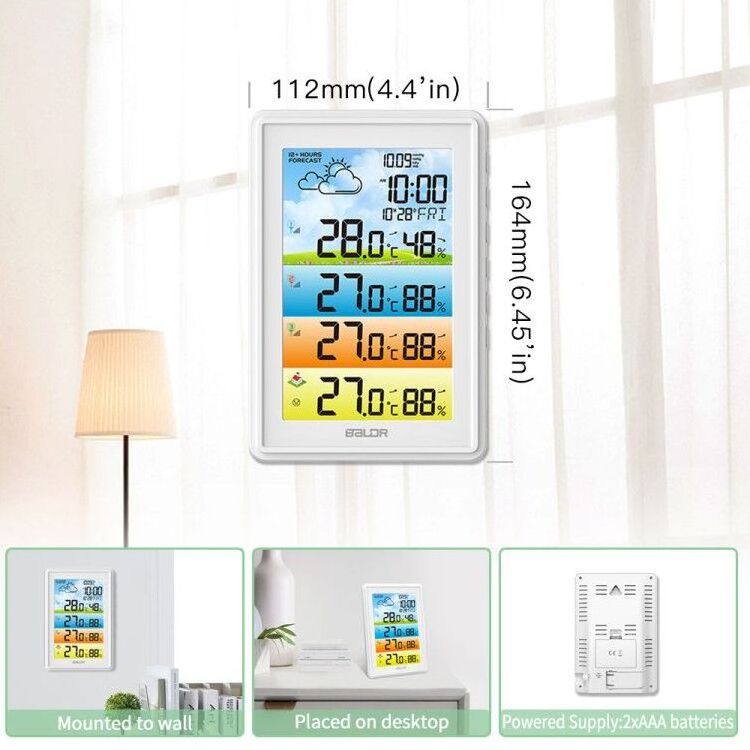 BALDR Wireless Color Weather Station Large Display 3 Sensor Temperature and Humidity Weather Forecast Indoor Outdoor RCC Radio