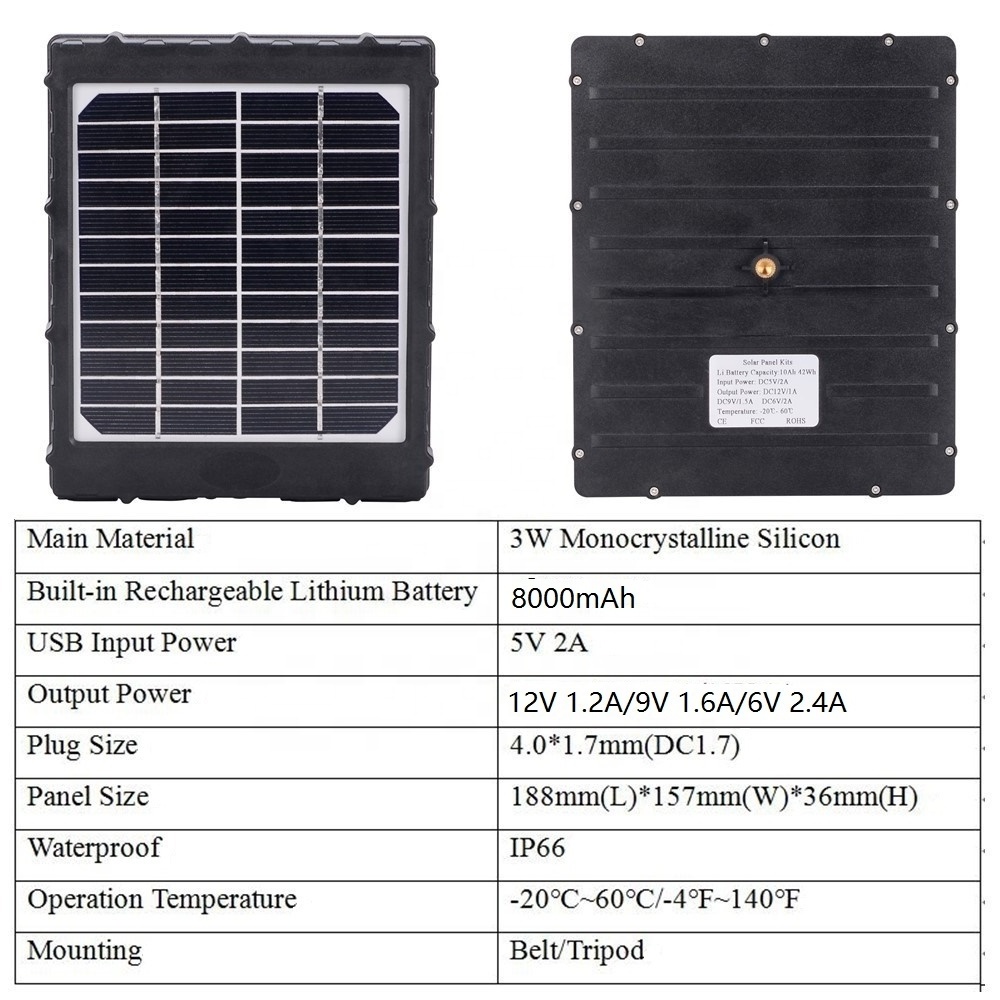 Solar Panel Charger Battery Waterproof IP66 8000mAh Outdoor Charger Compatible with all trail cameras.Output 6V.9V.12V