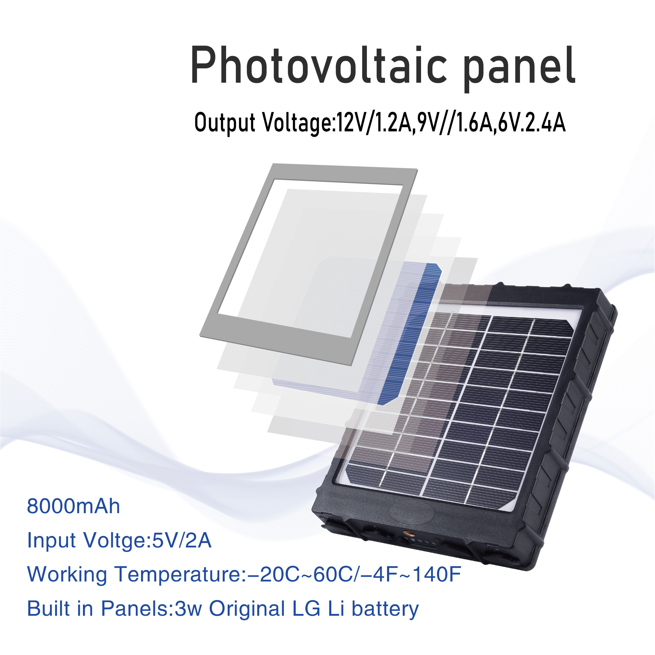 Trail Camera Solar Panel 12V/9V/6V Solar Panel Battery Charger Kit with Build-in 8000mAH Rechargeable Lithium Battery IP66