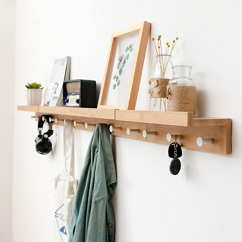 Goodseller Bamboo Wall Mounted Hanging Entryway Shelf Wall storage with Different Hooks Natural Color