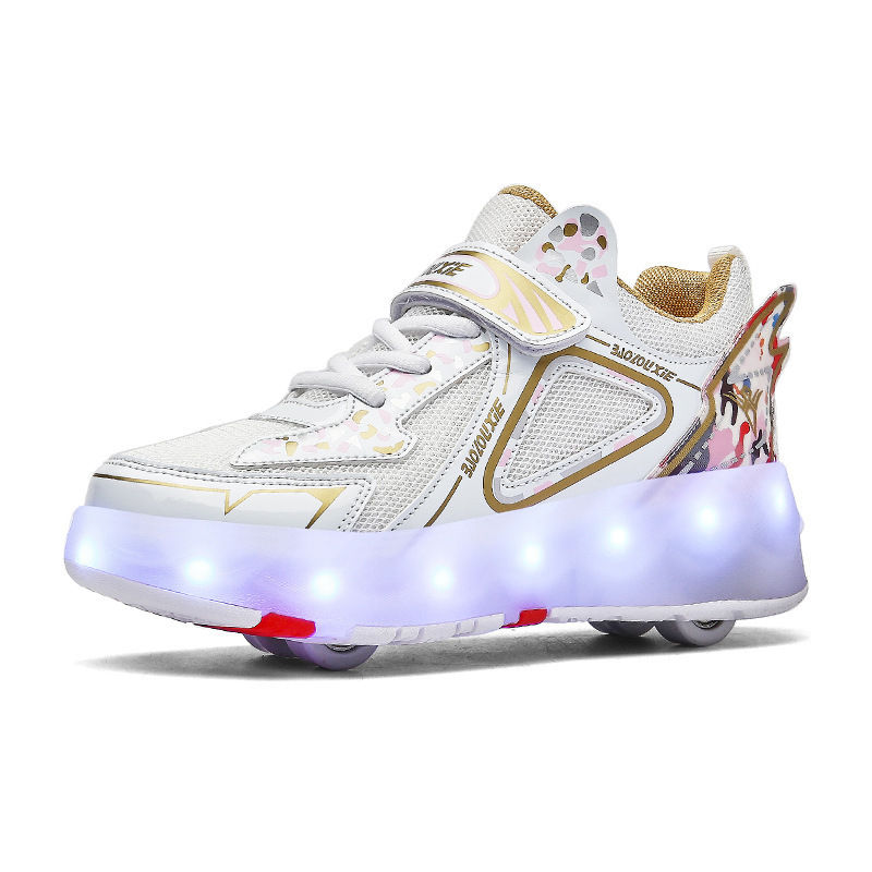 GS Kids LED USB Charging Kick Roller Skate Shoes With Wheel Light up Rechargeable Roller Sneakers for Girl Boys Children