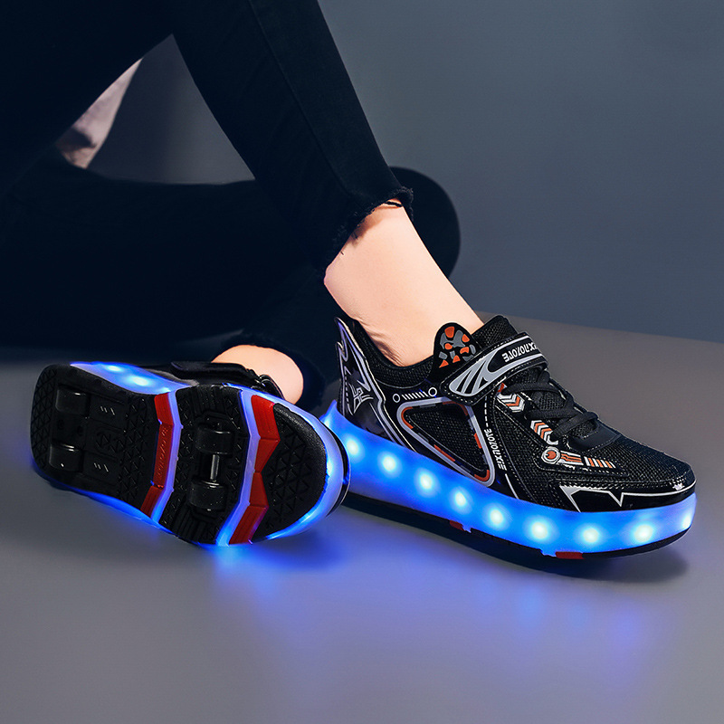 GS Kids LED USB Charging Kick Roller Skate Shoes With Wheel Light up Rechargeable Roller Sneakers for Girl Boys Children