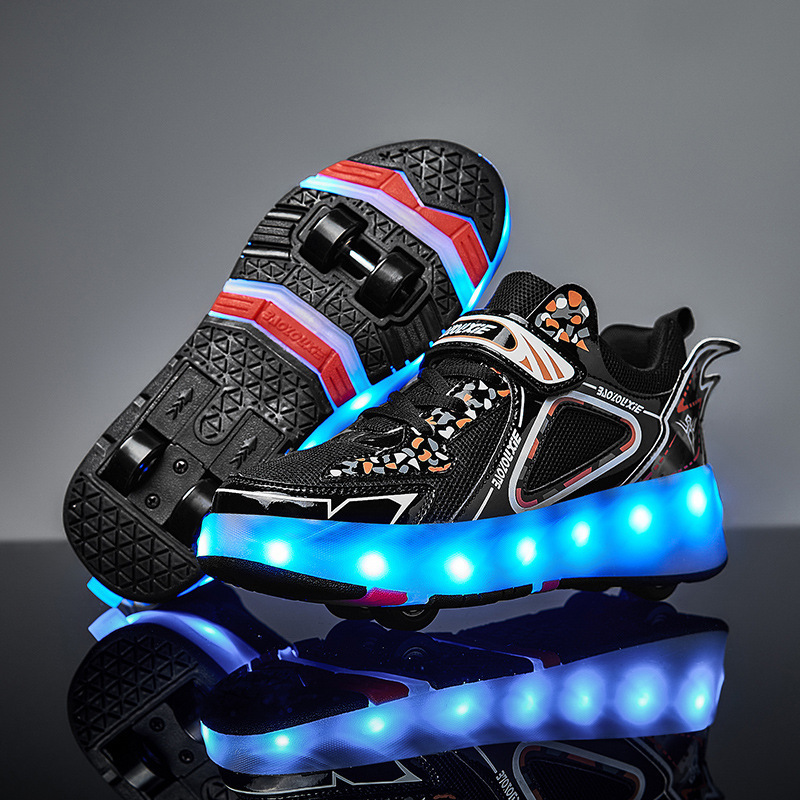 GS Kids LED USB Charging Kick Roller Skate Shoes With Wheel Light up Rechargeable Roller Sneakers for Girl Boys Children