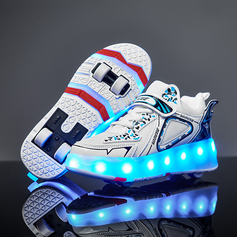 GS Kids LED USB Charging Kick Roller Skate Shoes With Wheel Light up Rechargeable Roller Sneakers for Girl Boys Children