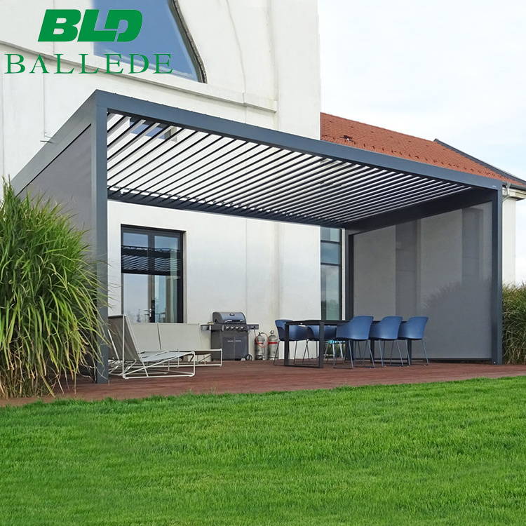 Easy Installation 10 ft. x 13 ft. Aluminum Louvered Pergola And Patio Covers with Adjustable Roof and Gray Curtains