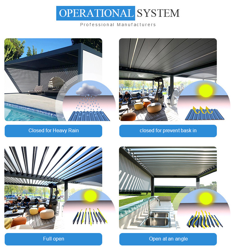 Automated opening roof Bioclimatic pergola with lighting Aluminum gazebo for Outdoor restaurant