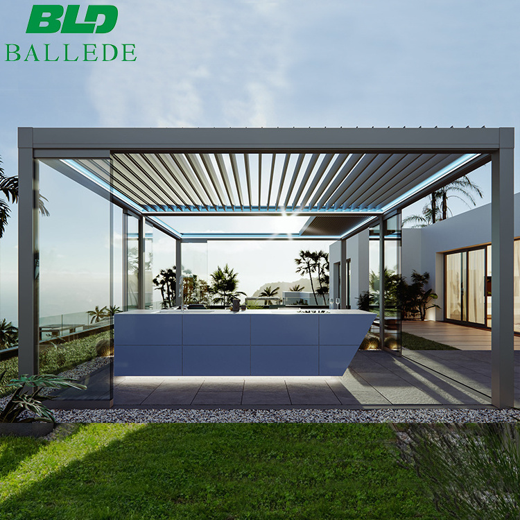 Custom Bio climatic Pergola Aluminium Motorized Smart Pergola Carport With Frameless Glass Door