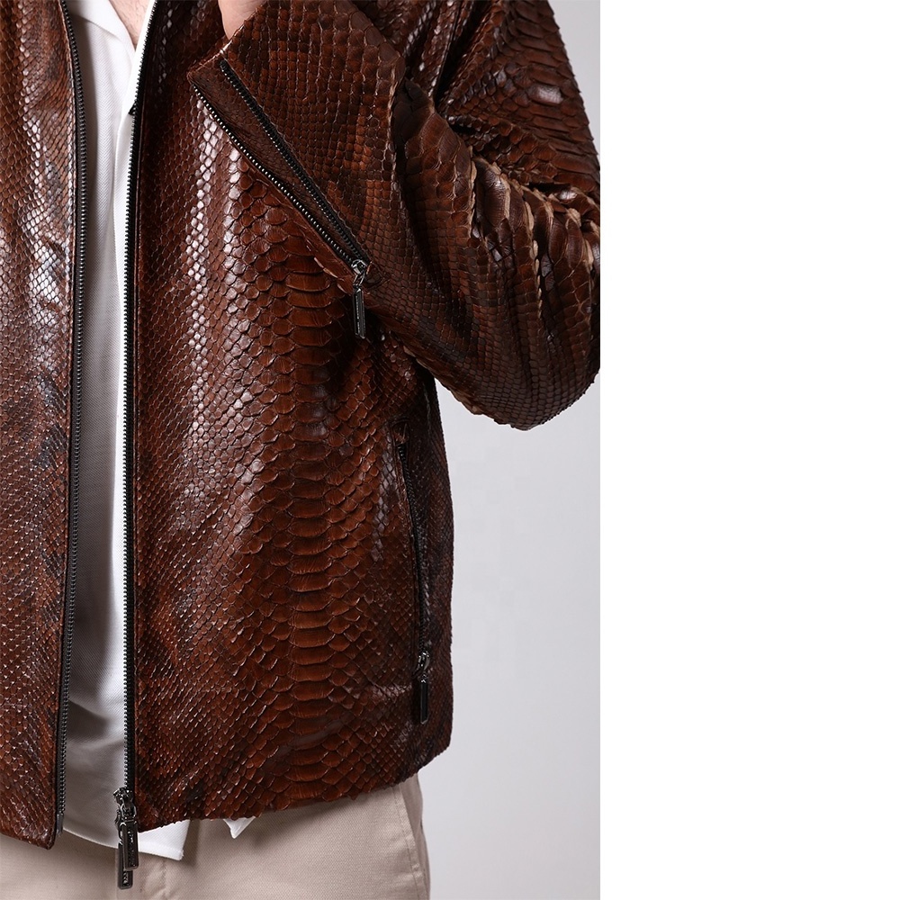 Men's Brown Python Leather Biker Jacket New Snake Print Python Embossed Genuine Cow Leather With Rex Fur Jacket