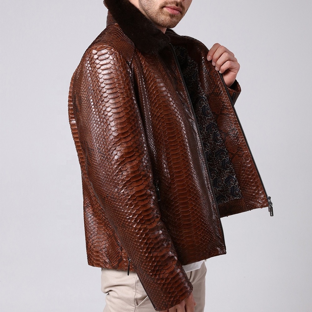 Men's Brown Python Leather Biker Jacket New Snake Print Python Embossed Genuine Cow Leather With Rex Fur Jacket