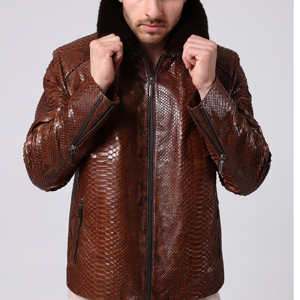 Men's Brown Python Leather Biker Jacket New Snake Print Python Embossed Genuine Cow Leather With Rex Fur Jacket