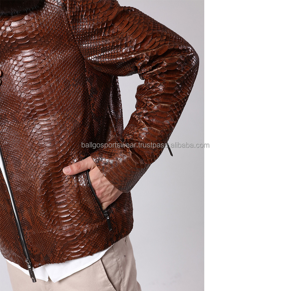 Men's Brown Python Leather Biker Jacket New Snake Print Python Embossed Genuine Cow Leather With Rex Fur Jacket