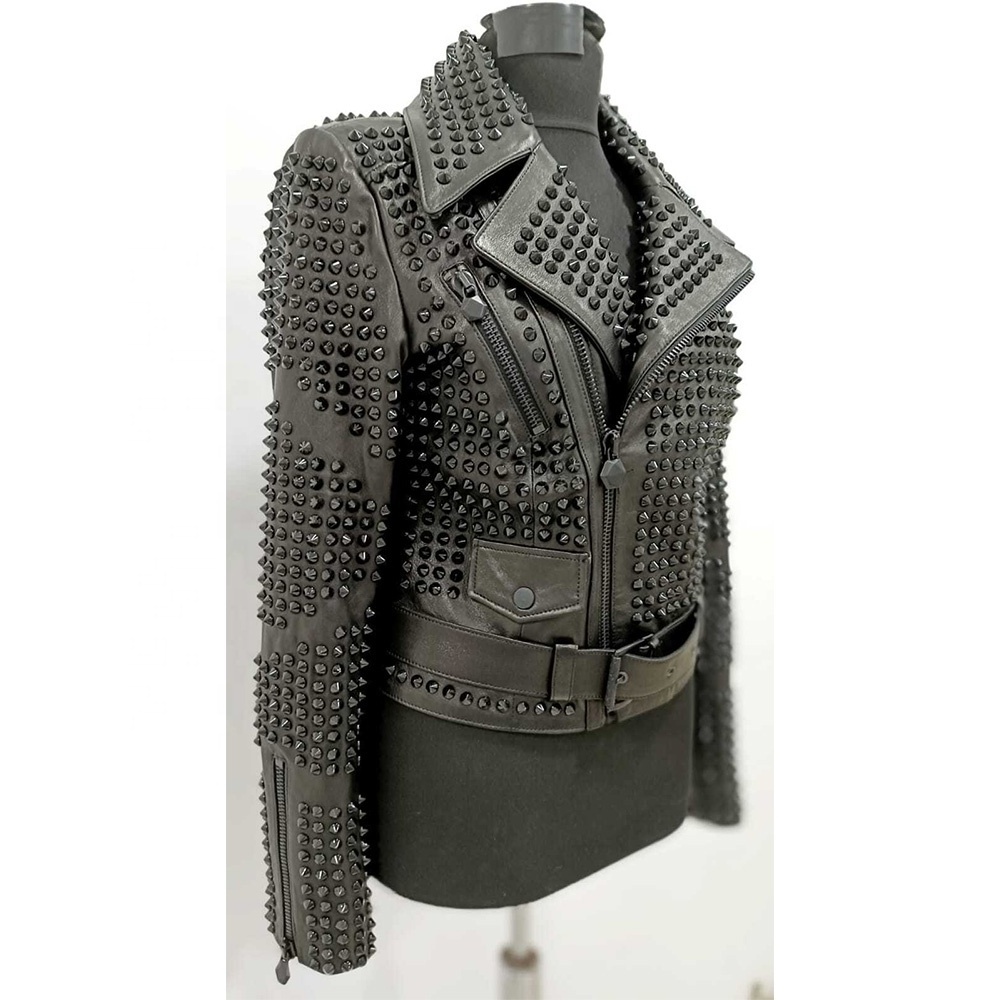 Men's Studded Leather Jacket New Black Spike Style Genuine Cow-Skin Black Leather Biker Jacket