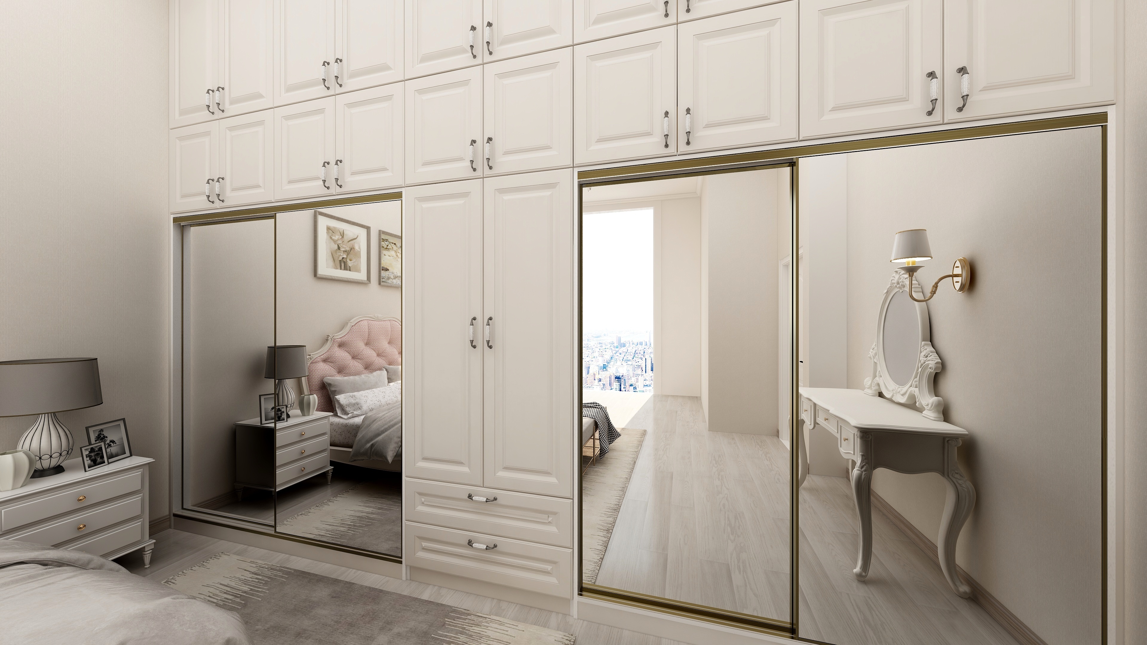 Home furniture pvc finished wood almirah designs 6 door cloth cabinet bedroom mdf wardrobe mirror closet