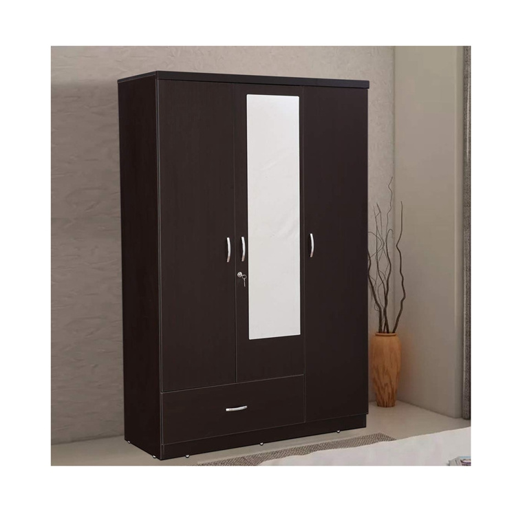 Dark brown wooden modular bedroom closet organizer wardrobe with mirror