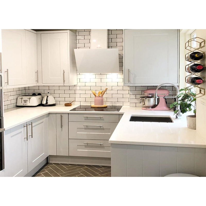 Balom French wooden pull down kitchen pantry cabinets with solid wood white creamy  shaker and countertops