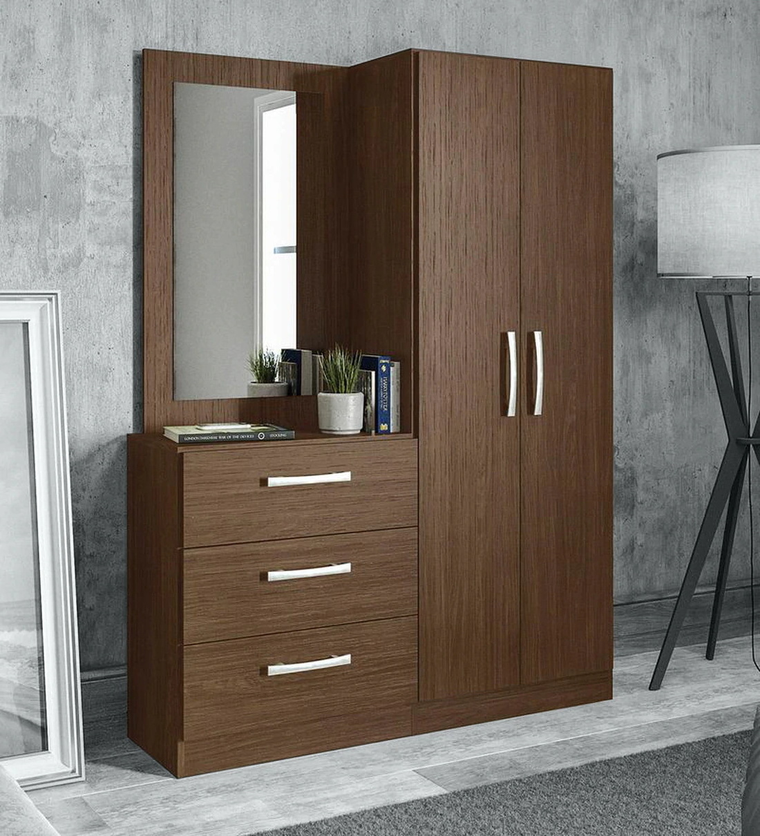 Dark brown wooden modular bedroom closet organizer wardrobe with mirror