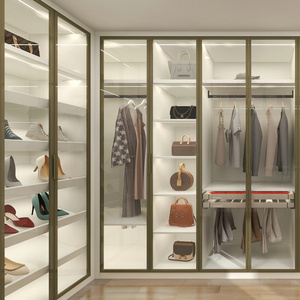 Custom Luxury Modern L Shape Walk In Closet Built In Walk In Wardrobe With Tempered Glass Door LED Light Suite Closet