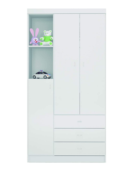 BALOM White Wooden Wardrobe With Three Doors, Two Compartments and Three Drawers