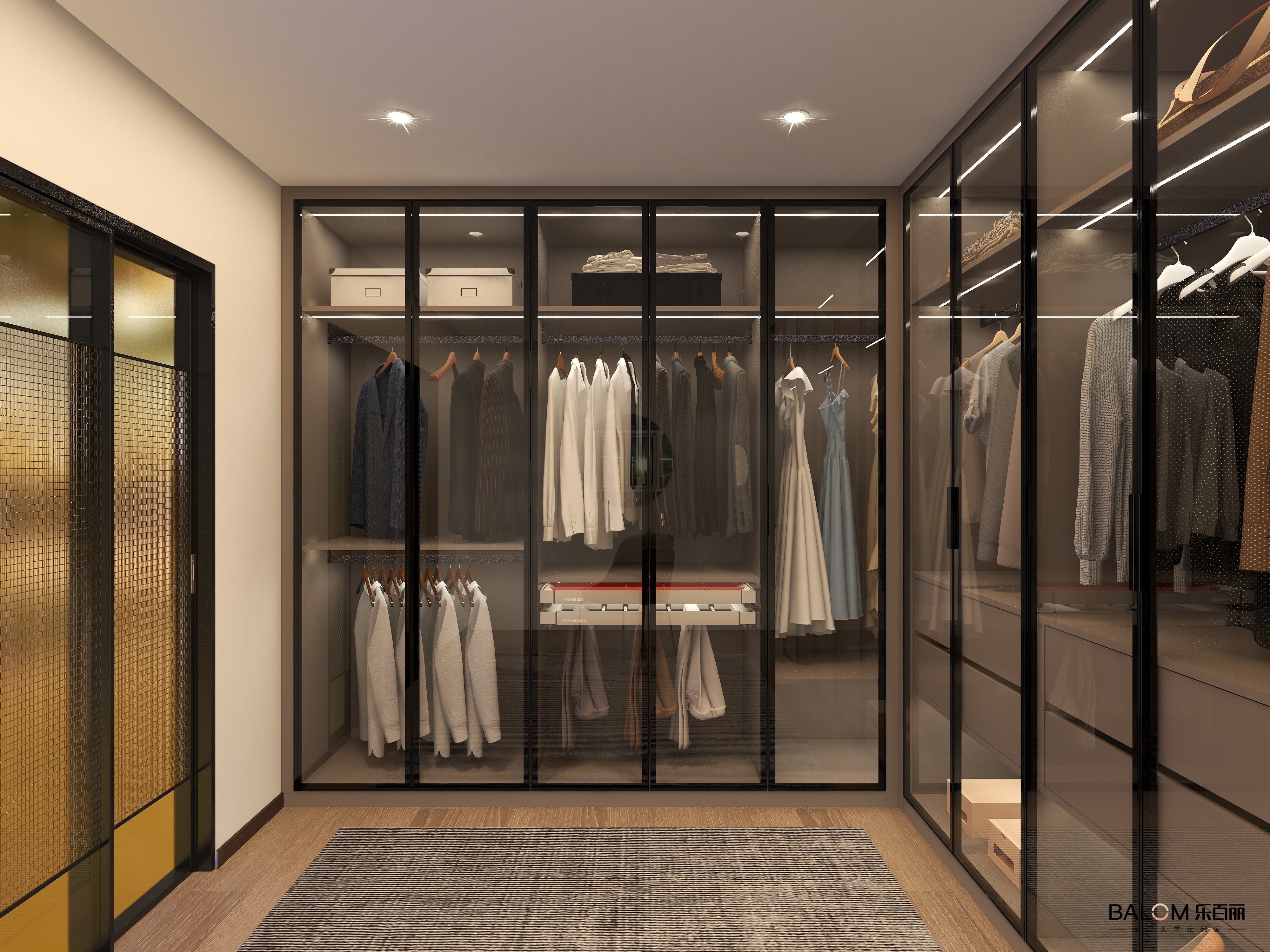 Custom Luxury Modern L Shape Walk In Closet Built In Walk In Wardrobe With Tempered Glass Door LED Light Suite Closet