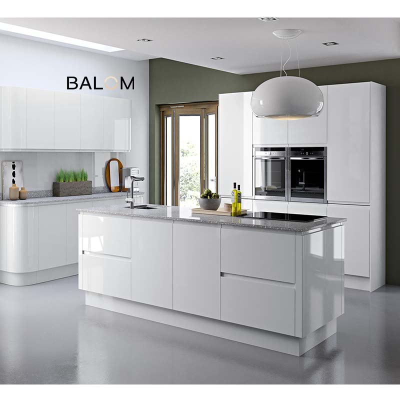 Balom French wooden pull down kitchen pantry cabinets with solid wood white creamy  shaker and countertops