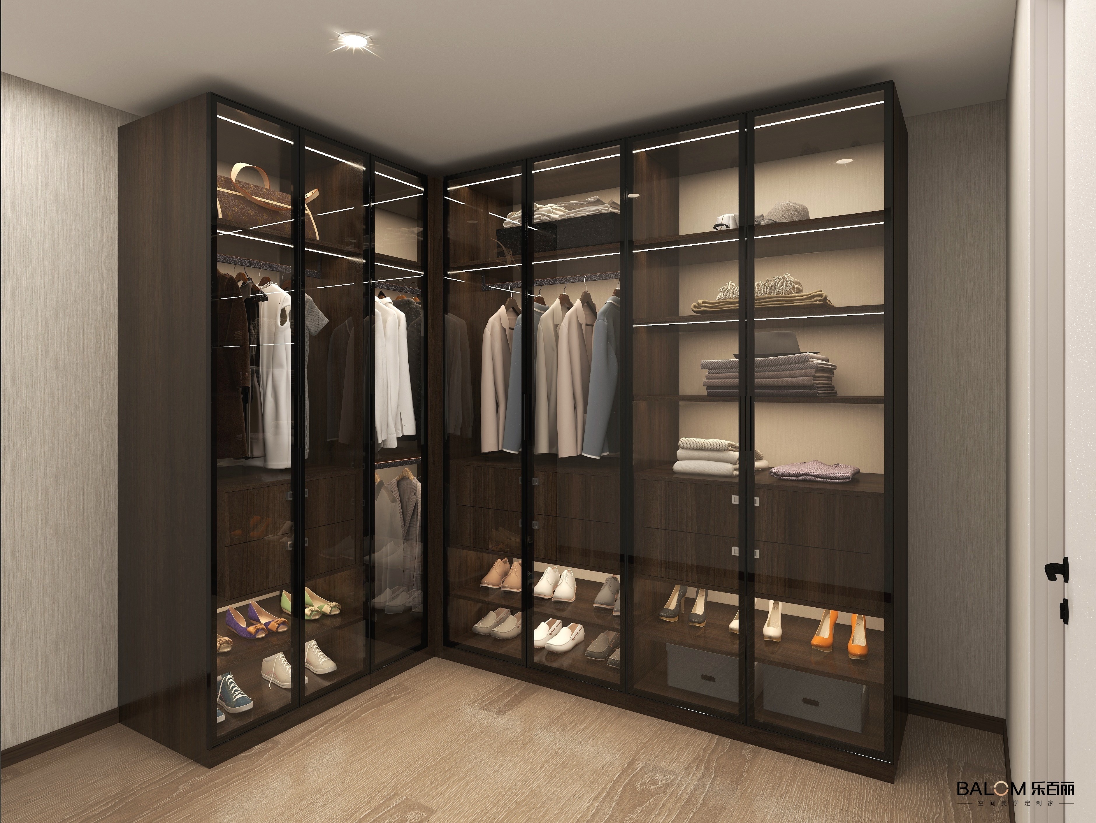 Custom Luxury Modern L Shape Walk In Closet Built In Walk In Wardrobe With Tempered Glass Door LED Light Suite Closet