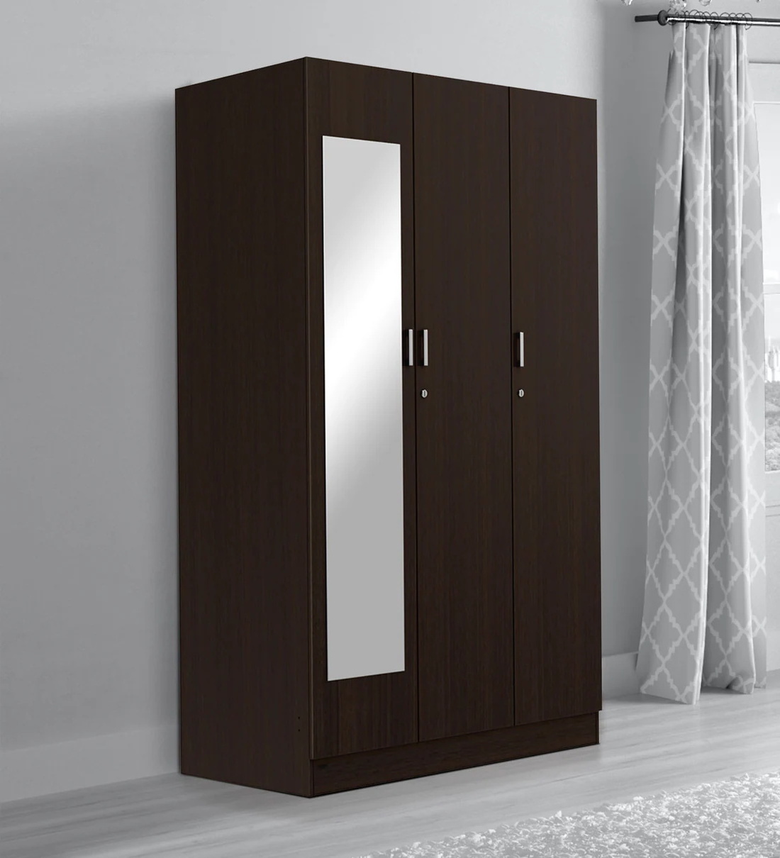 Dark brown wooden modular bedroom closet organizer wardrobe with mirror