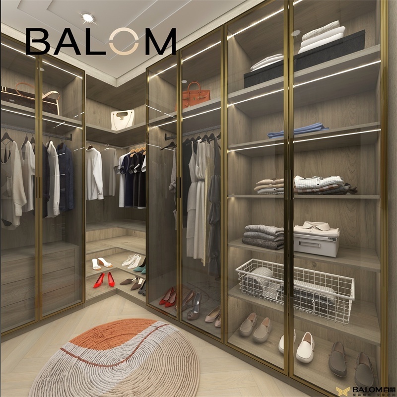 Balom 2024 designs custom luxury glass wardrobe bedroom furniture walk in wardrobe with aluminum glass door