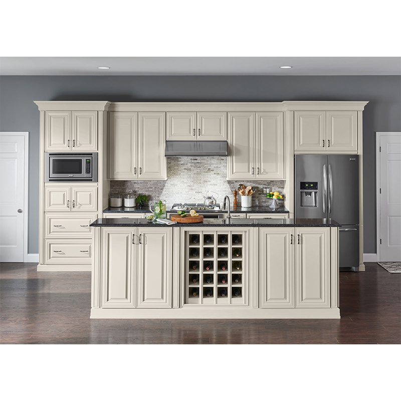 Balom French wooden pull down kitchen pantry cabinets with solid wood white creamy  shaker and countertops