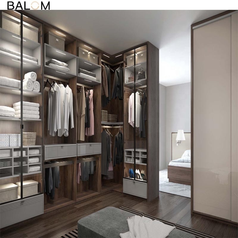 Balom 2024 designs custom luxury glass wardrobe bedroom furniture walk in wardrobe with aluminum glass door