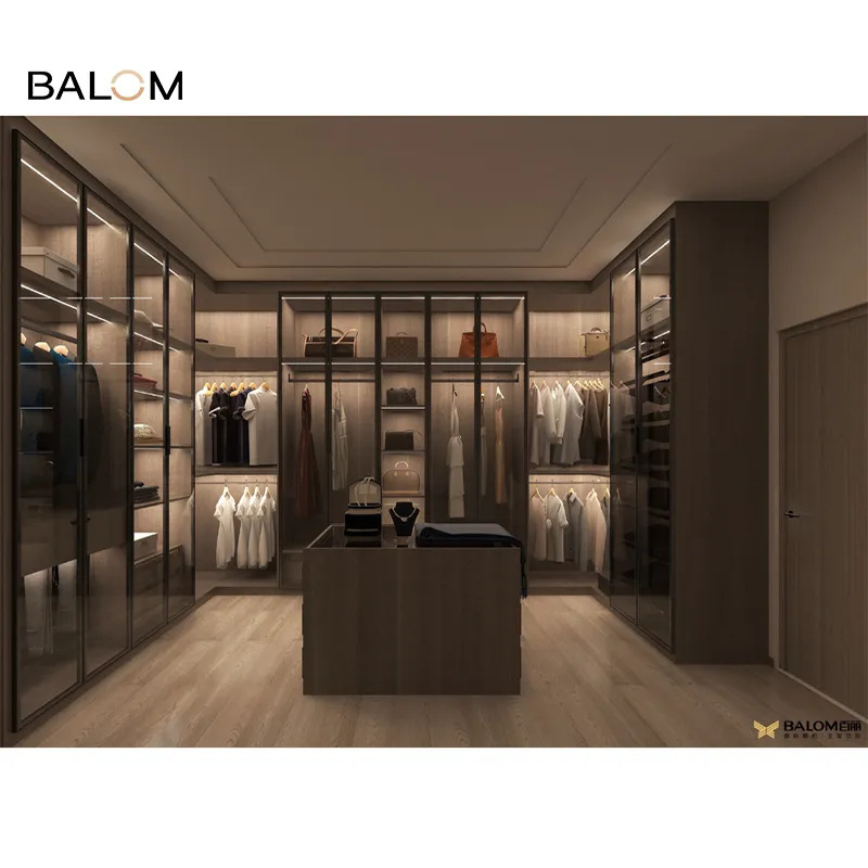 Modern Walk in Closet Designs Glass Door Bedroom Furniture with LED Storage Drawers Glass Wardrobes