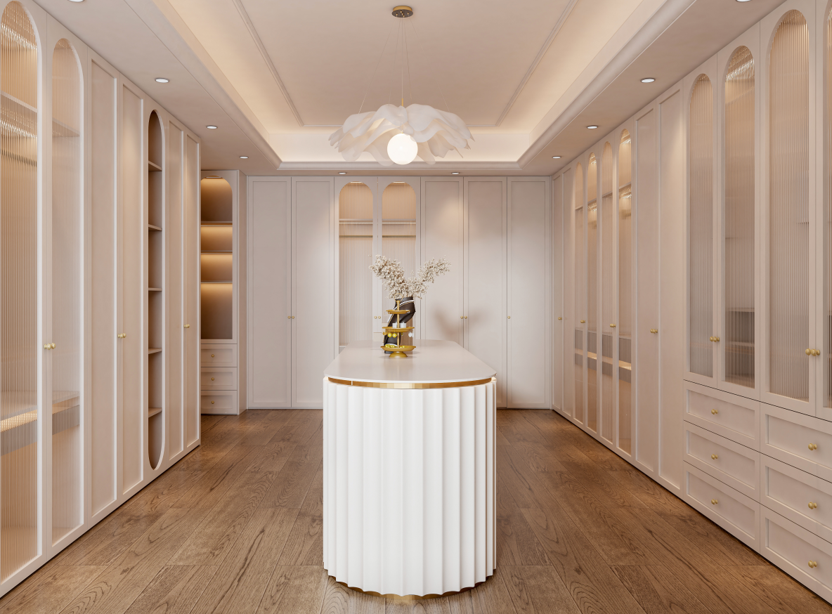 White shaker door high end walk in closet with arch design island and changhong glass door panel