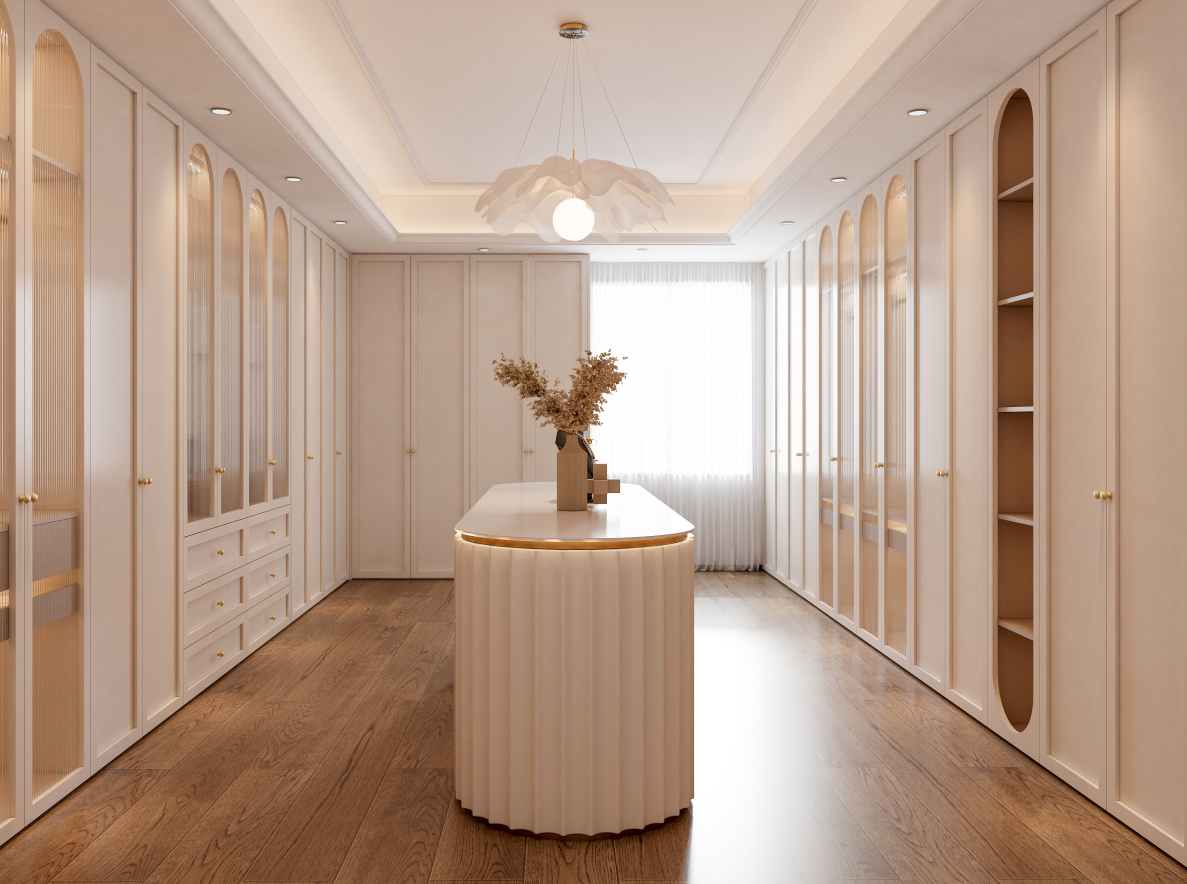 White shaker door high end walk in closet with arch design island and changhong glass door panel