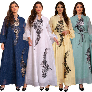 2023 Middle Eastern Muslim Women's Party Dress Hot Selling Fashion Dubai Robe Puff Sleeve Muslim Dress