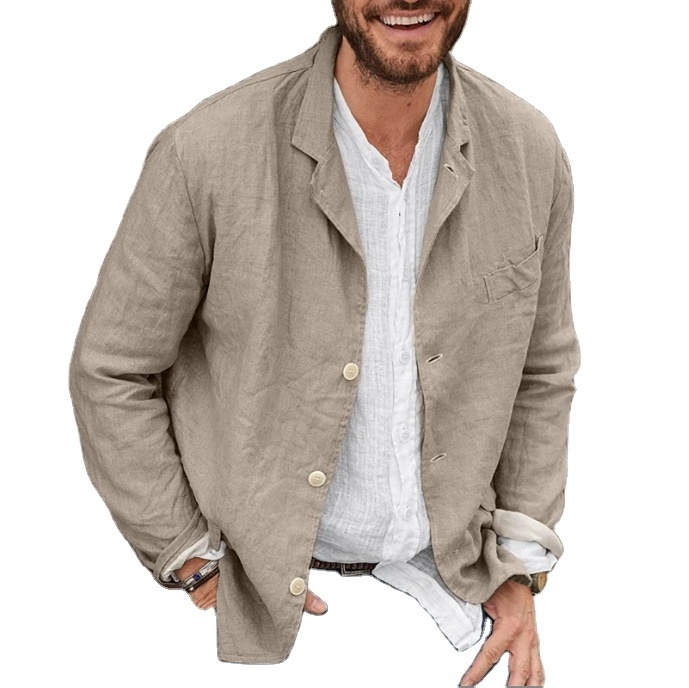 2024 European and American Men's Cotton Linen Suit Jacket Casual Loose Fitting Suit Top