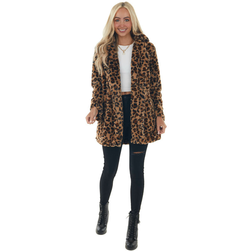 Wholesale Plus Size Trend Trimmed Leopard Print Jacket Winter Women Loose Fur Jacket Warm Coat