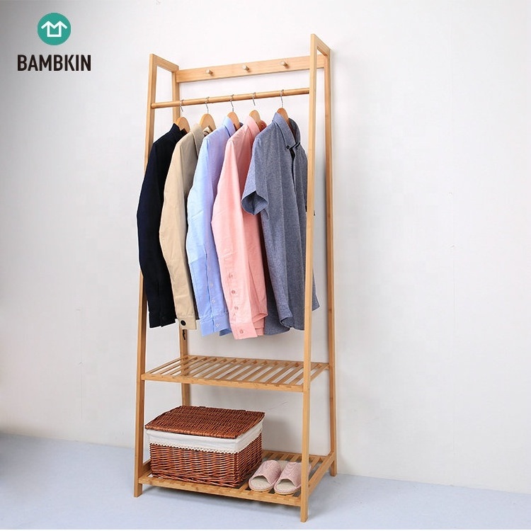 BAMBKIN Livingroom wardrobe storage shelf bamboo coat rack with 2-tier shoe rack shelves coat storage rack