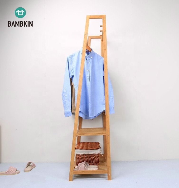 BAMBKIN Livingroom wardrobe storage shelf bamboo coat rack with 2-tier shoe rack shelves coat storage rack