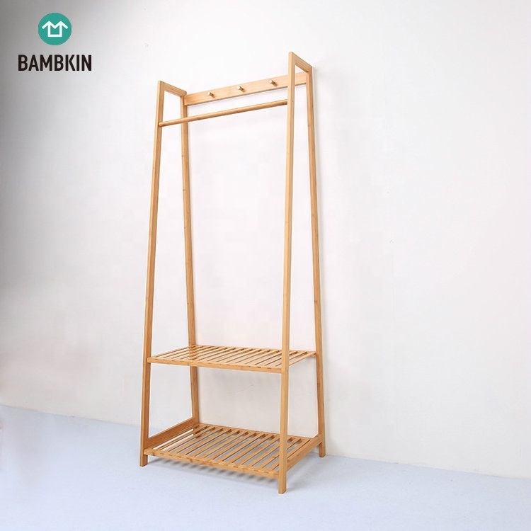 BAMBKIN Livingroom wardrobe storage shelf bamboo coat rack with 2-tier shoe rack shelves coat storage rack