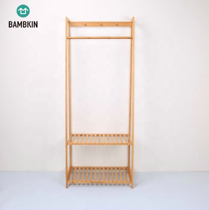 BAMBKIN Livingroom wardrobe storage shelf bamboo coat rack with 2-tier shoe rack shelves coat storage rack