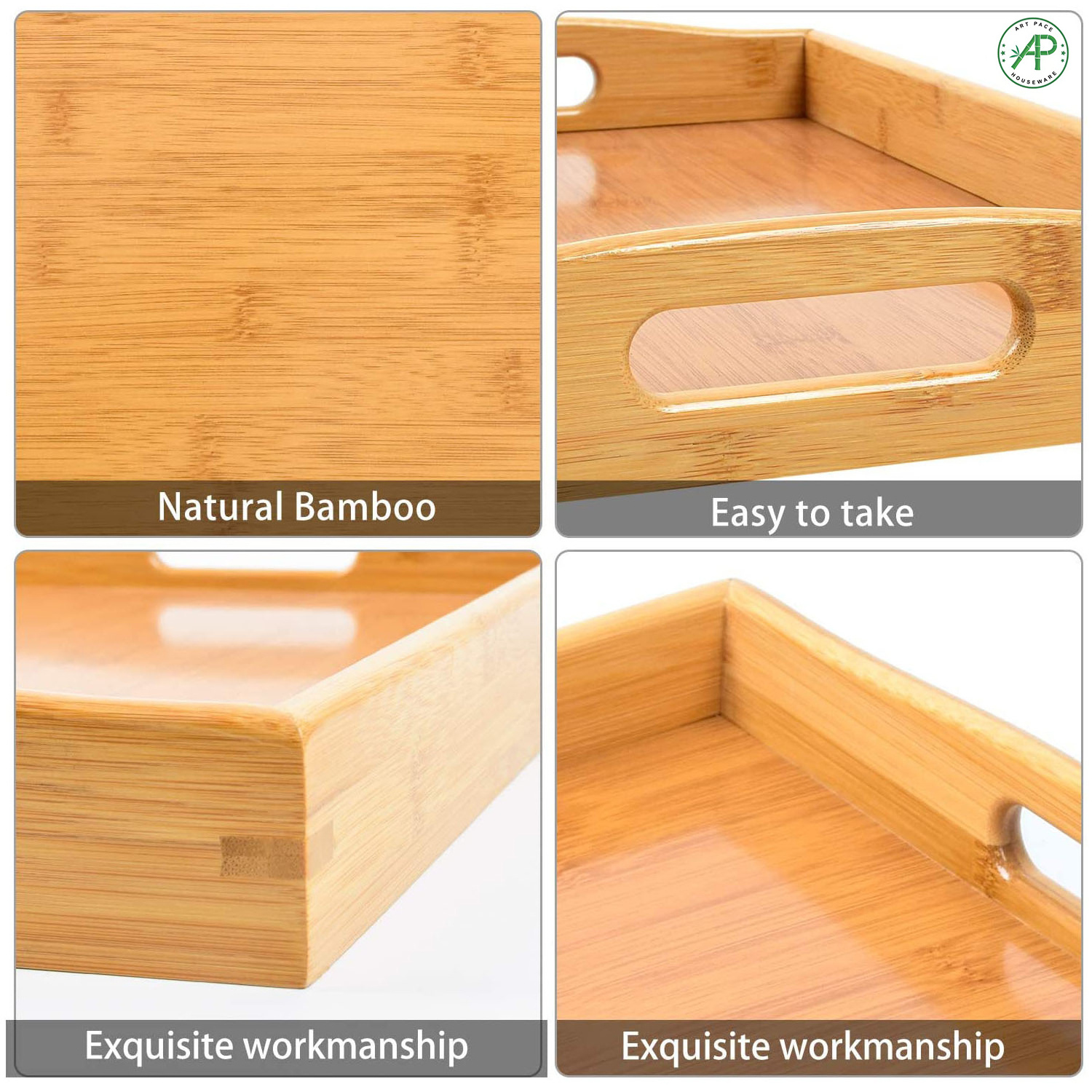 High Quality Rectangle 3 Pcs Wood Bamboo Serving Tray Set with Handle for Serving Food