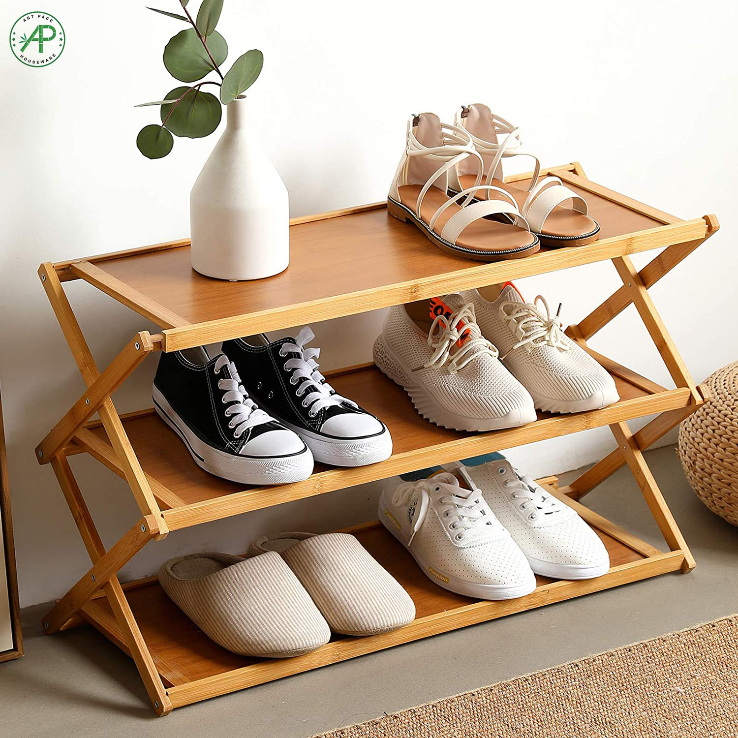 Factory Wholesale Foldable 3 Tier Bamboo Wood Shoe and Boot Rack for Living Room Balcony Closets Bathroom Store Sale