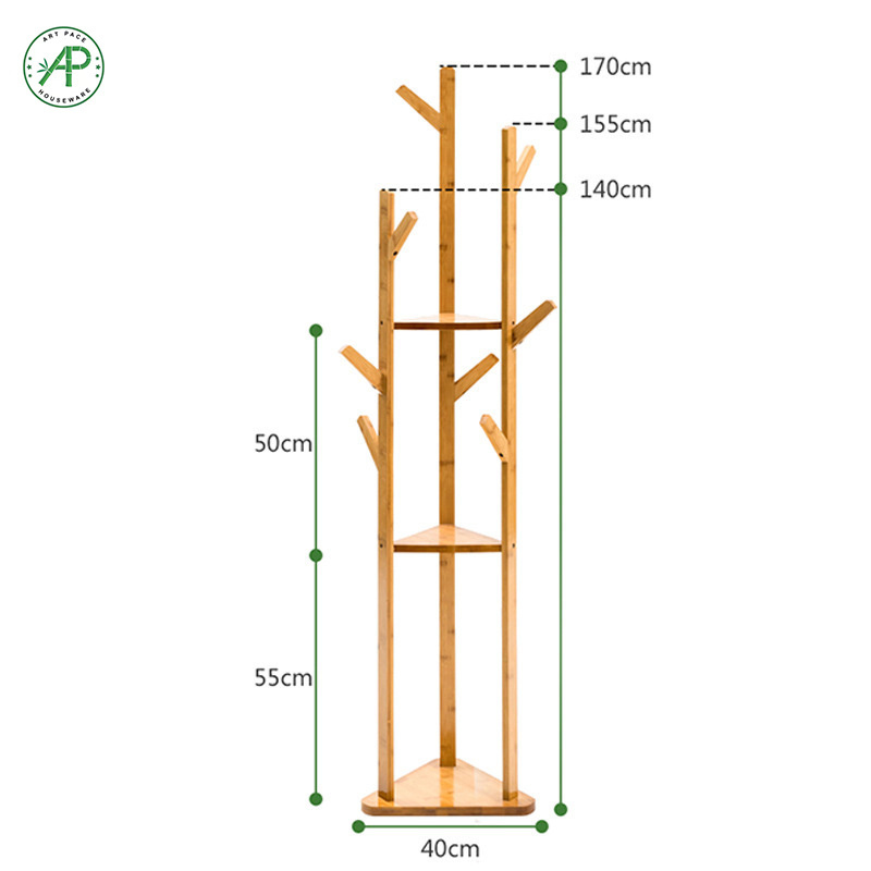 Antique Custom Design Portable Natural Bamboo Coat Rack with 3 Tier Shelves