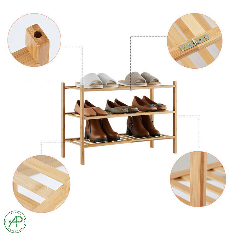 Fashionable Customized Portable 3 Tier Bamboo Wooden Shoe Rack