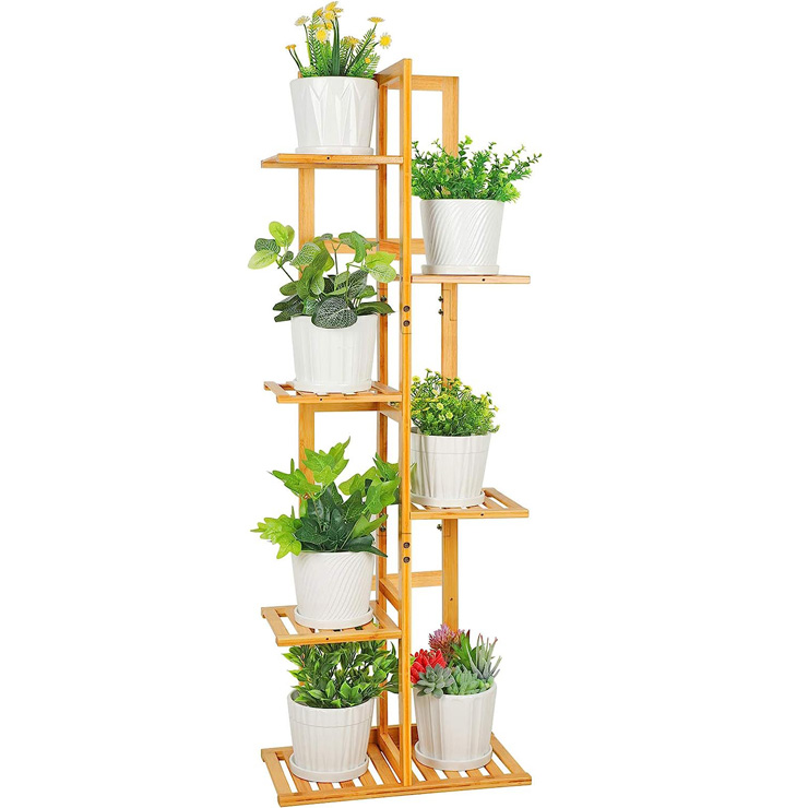 Natural Multiple Bamboo 6 Tier tall plants stands corner plant shelf  for indoor