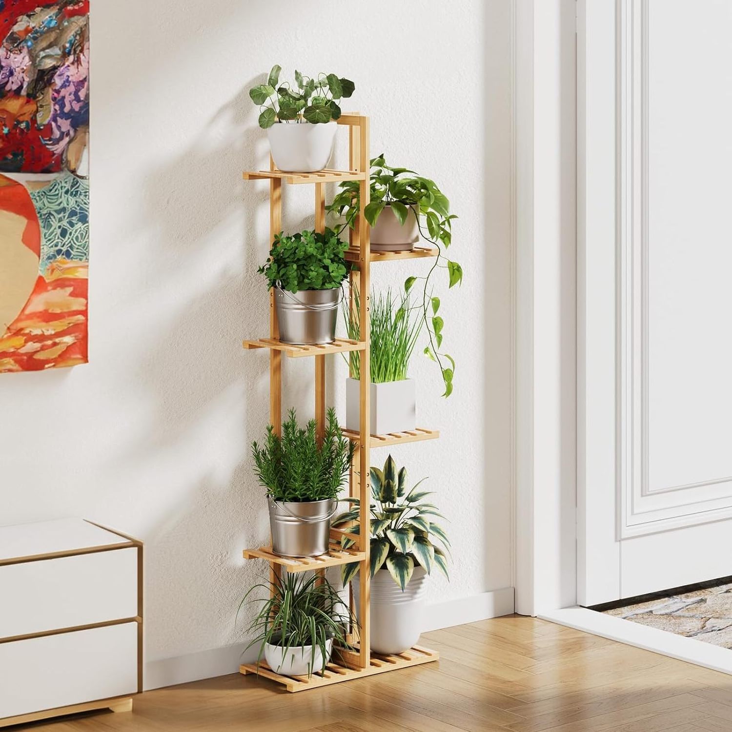 Natural Multiple Bamboo 6 Tier tall plants stands corner plant shelf  for indoor